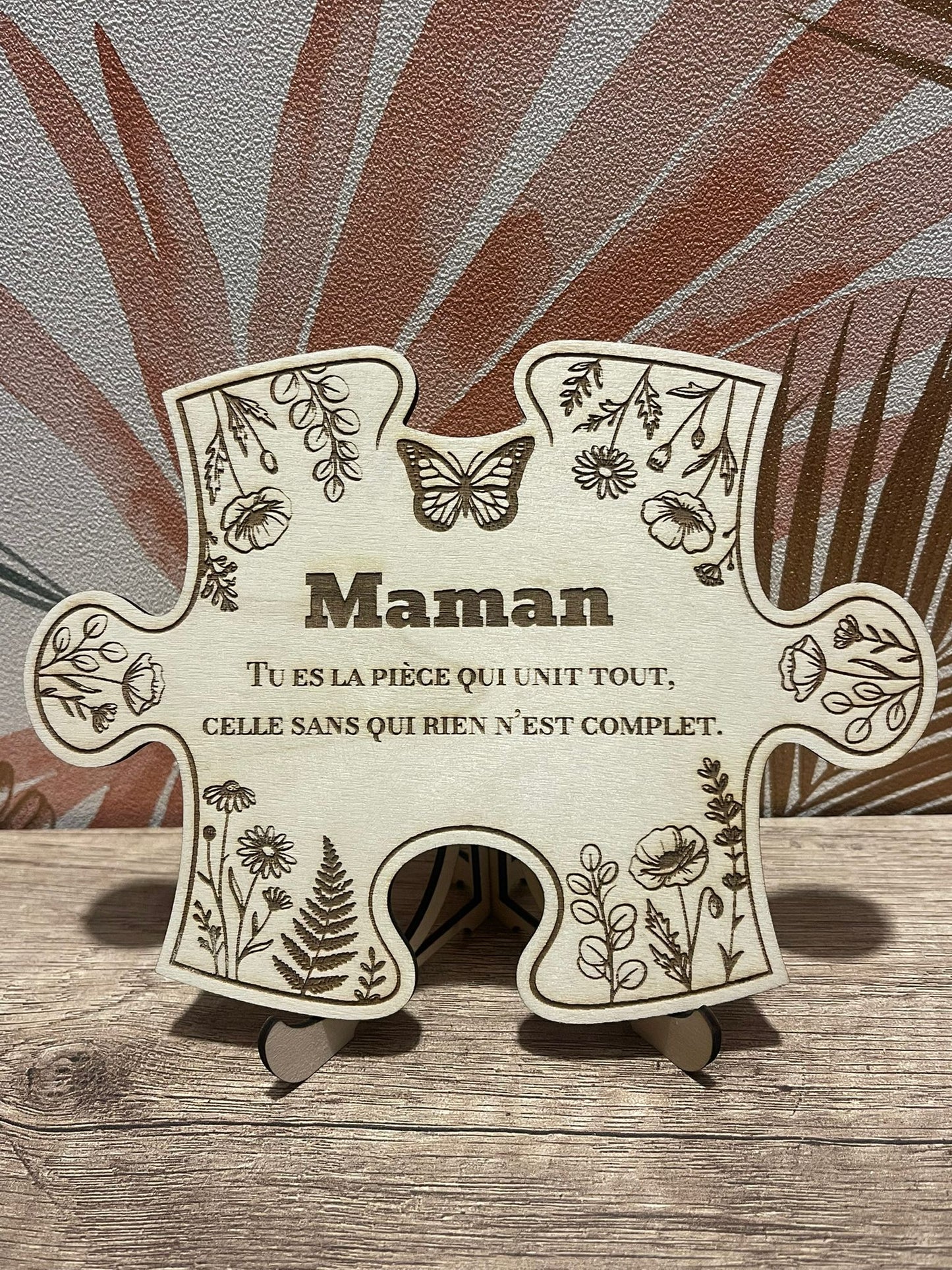Cadre bois Maman – Forme Pièce de Puzzle & Fleurs sauvages