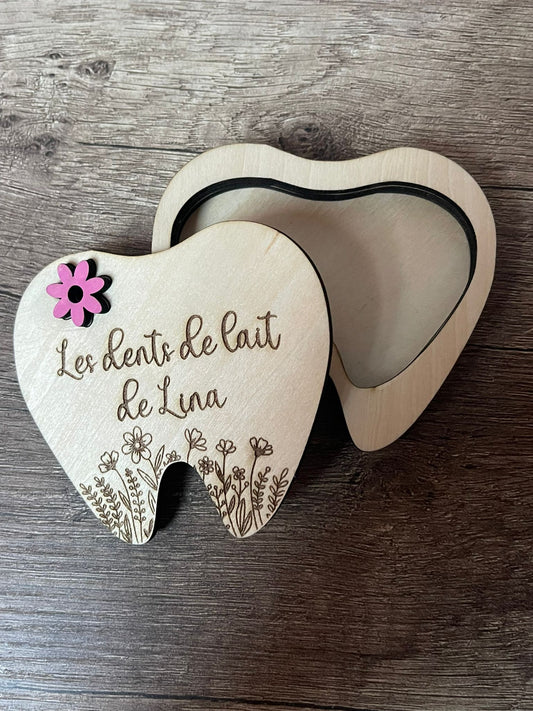 Boîte à dents de lait personnalisée – Forme dent en bois gravée