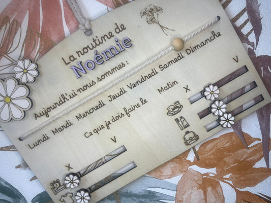 Tableau de routine Matin Fleurs – Prénom découpé en bois