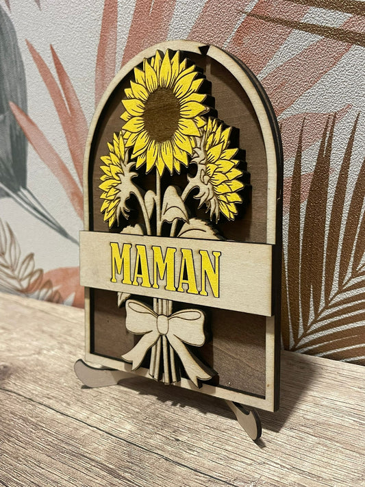 Cadre bois personnalisé Maman – Bouquet au choix (Tournesols ou Tulipes)