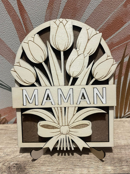 Cadre bois personnalisé Maman – Bouquet au choix (Tournesols ou Tulipes)