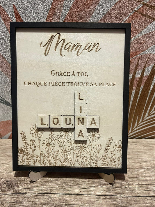 Cadre bois personnalisé Maman – Lettres Scrabble & Prénoms