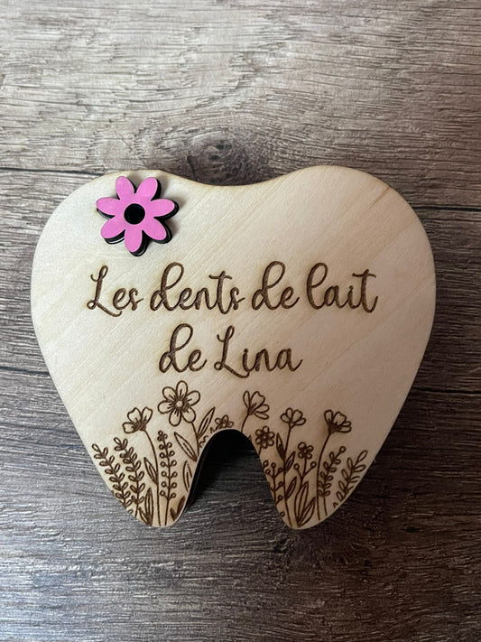 Boîte à dents de lait personnalisée – Forme dent en bois gravée